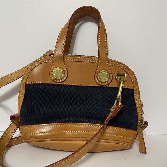 Vintage Dooney & Bourke Cabriolet Bag Navy Canvas Tan Leather Domed USA Satchel - Picture 5 of 16